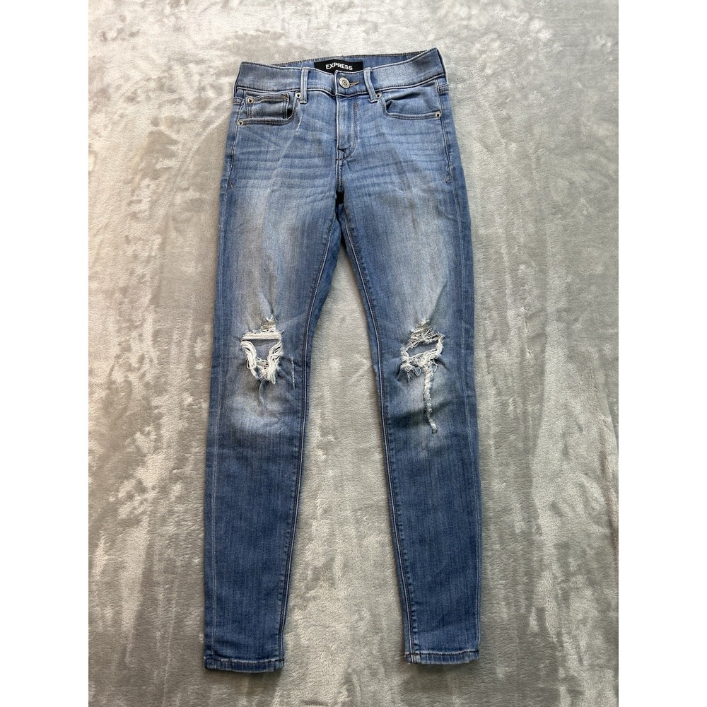 Express Womens Sz 00S Jeans Blue Legging Mid Rise Stretch Denim Distressed Beach